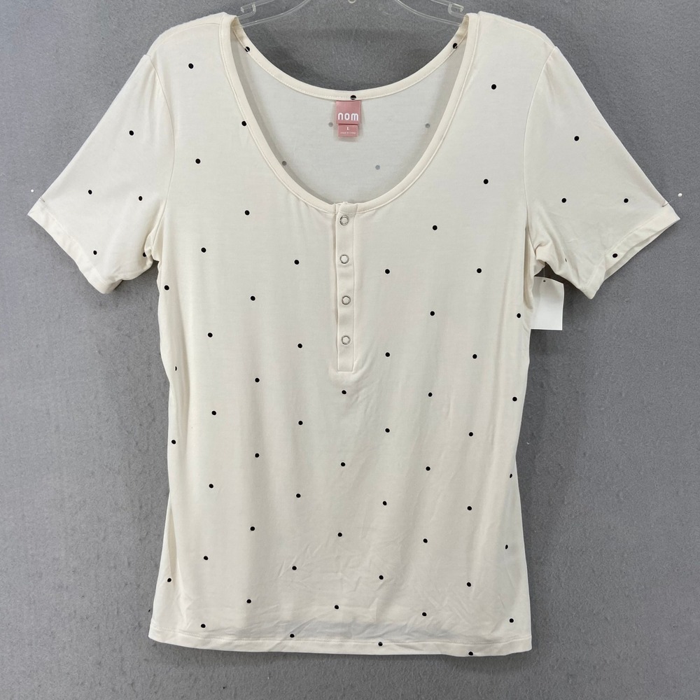 NOM Maternity Shirt Sz L White Polka Dot Button Front Short Sleeve Stretch Scoop